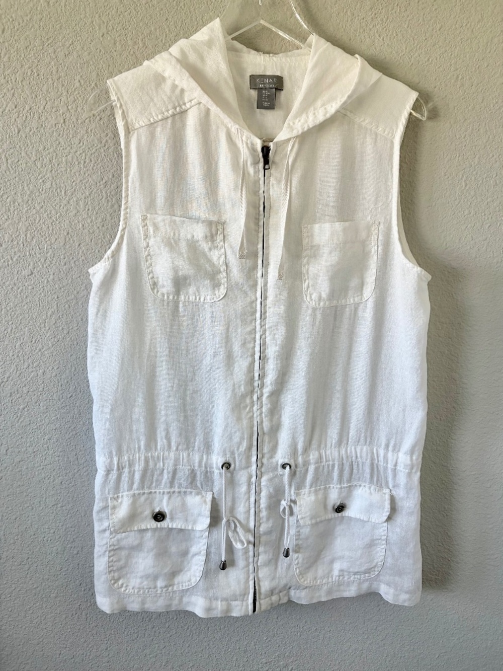Kenar White 100% Linen Hooded Zip Drawstring Vest M Jacket Utility Cargo Pockets